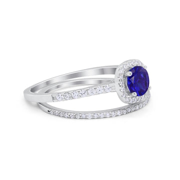 Two Piece Wedding Ring Halo Bridal Simulated Blue Sapphire CZ 925 Sterling Silver